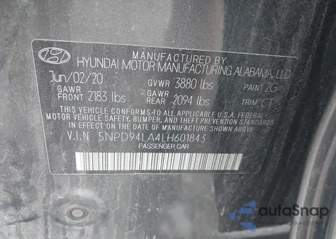 2020 Hyundai Elantra Eco z USA, uszkodzony, nr VIN 5NPD94LA4LH601843